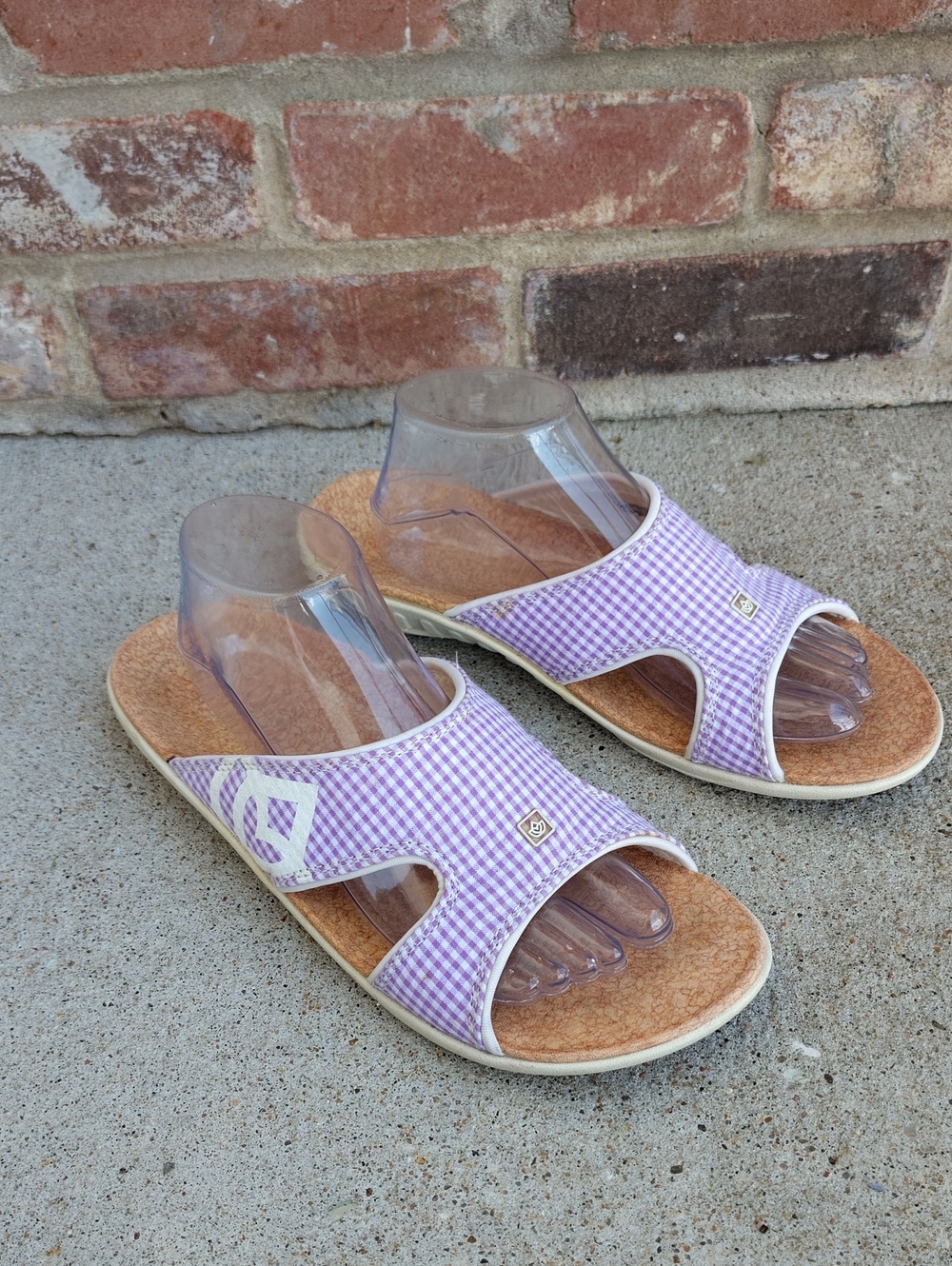 Spenco Kholo Sandals Gingham Plaid Lavender Arch Support Slides Size 10 Comfort